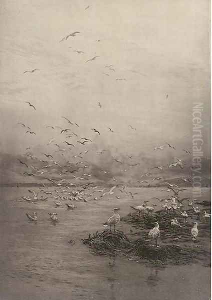 Gulls. Looking towards Cowes from the Hamble River Oil Painting by William Lionel Wyllie