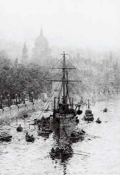 The President lying on her permanent mooring on the Thames Oil Painting by William Lionel Wyllie