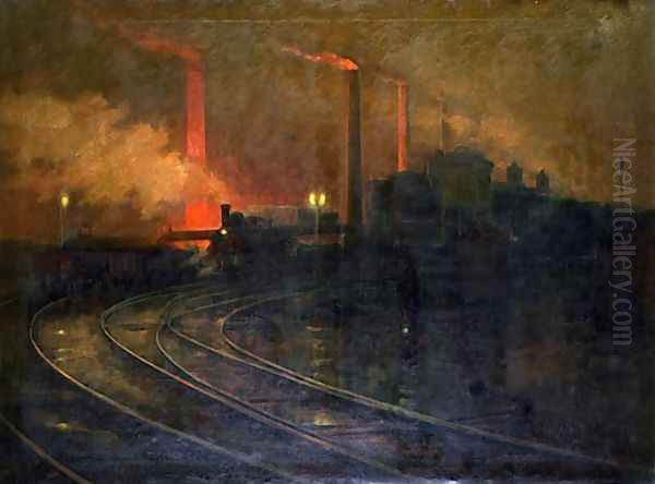 The Steelworks, Cardiff at Night, 1893-97 Oil Painting by Lionel Walden