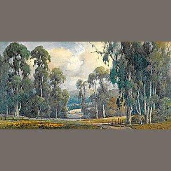 California Wildflowers And Eucalyptus With Hills In The Distance Oil Painting by Percy Gray