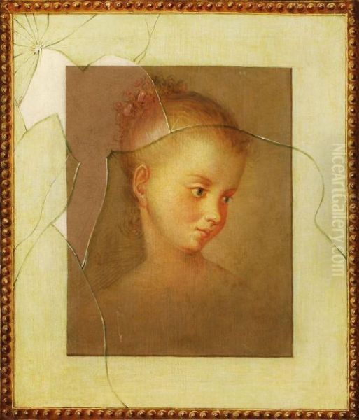 Head Study Of A Young Girl With Trompe L'oeil Of Broken Glass Oil Painting by Gabriel Gresly