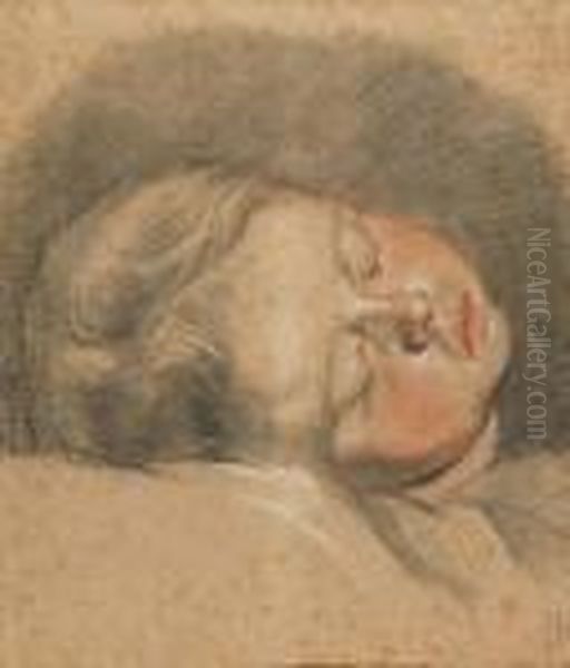 The Head Of A Sleeping Child With Inscription 'greuze' Black, Oil Painting by Jean Baptiste Greuze