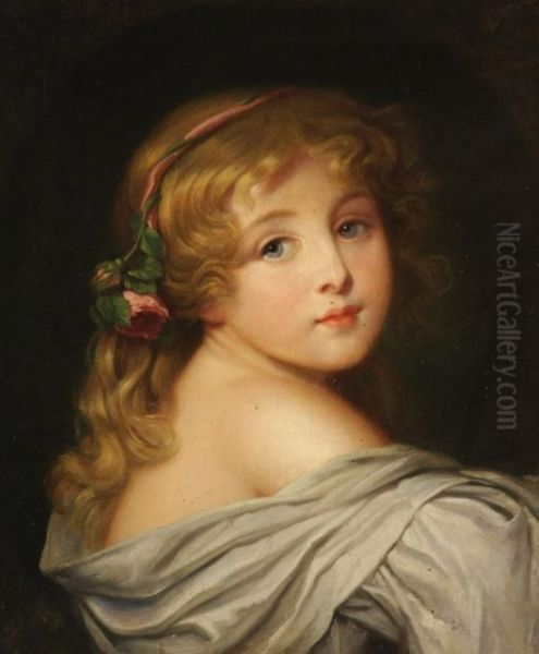 Portrait Of A Young Girl With A Rose In Her Hair Oil Painting by Jean Baptiste Greuze