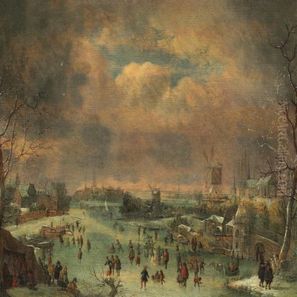 Winter Day With Skaters On A Lake In A Dutch Town Oil Painting by Jan Griffier I