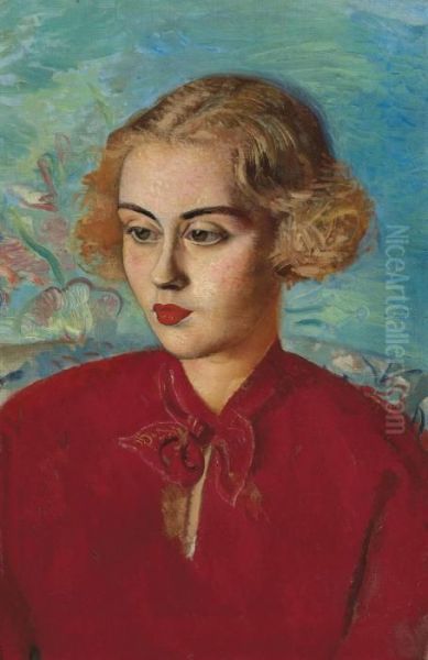 Woman In Red Oil Painting by Boris Dimitrevich Grigoriev