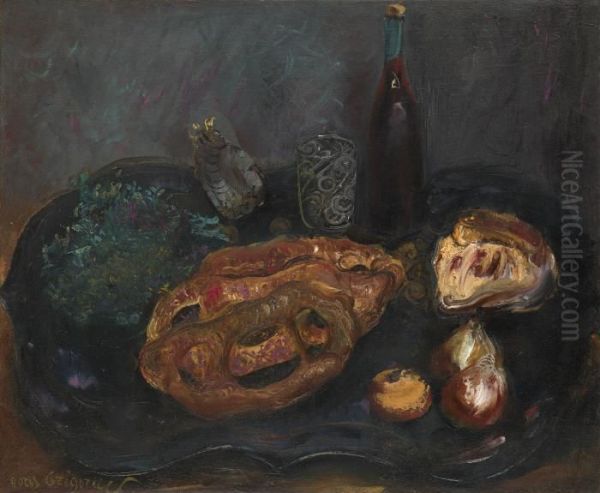 Still Life With Bread And Onions Oil Painting by Boris Dimitrevich Grigoriev