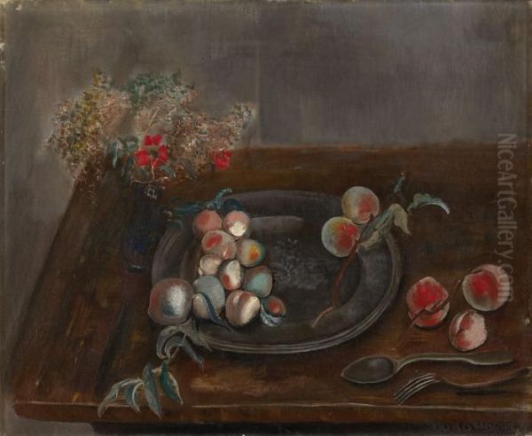 Still Life With Fruit And Flowers On A Table Oil Painting by Boris Dimitrevich Grigoriev