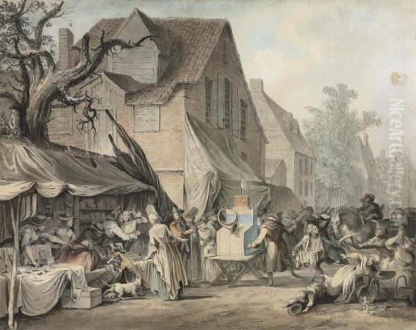 A Street Scene With A Fair, Mortlake Oil Painting by Samuel Hieronymus Grimm