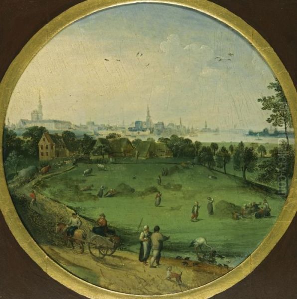 A Summer Landscape With Peasants Harvesting With A View Of Antwerp Beyond Oil Painting by Abel Grimmer