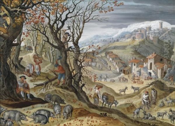 Autumn - A Wide Hilly Landscape With A Swineherd And Woodcutters Oil Painting by Abel Grimmer