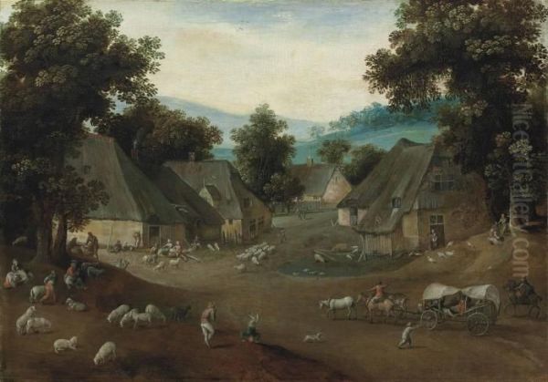 The Month Of July: A Village Landscape Oil Painting by Jacob Grimmer