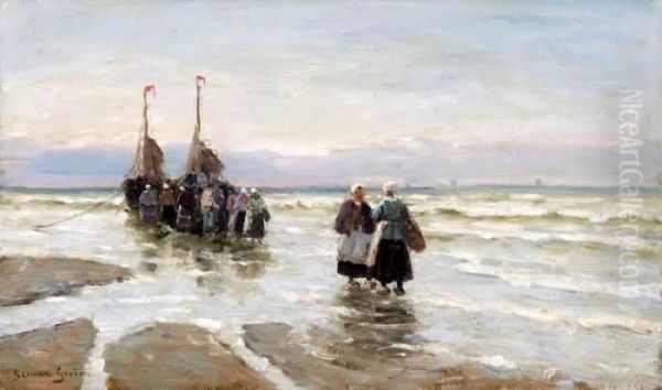 Katwijkse Vissersvrouwen Bij Bomschuiten Op Het Strand Oil Painting by German Grobe