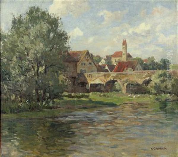 Nordlandische Stadt Am Flussufer Oil Painting by Franz Gruber-Gleichenberg