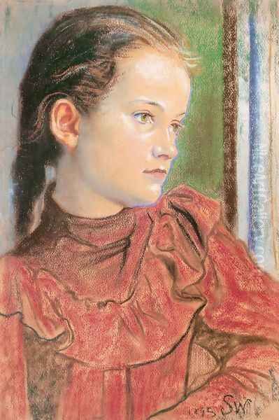 Portrait of a Girl in a Red Dress Oil Painting by Stanislaw Wyspianski