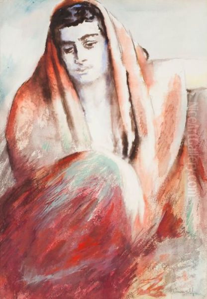 Woman In Scarf Oil Painting by Isaac Grunewald