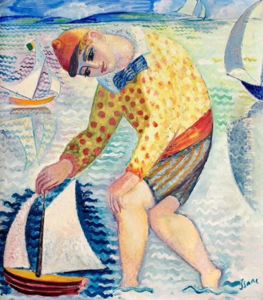 Gosse Med Segelbat Oil Painting by Isaac Grunewald