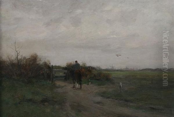 Horse And Rider In Dutch Landscape Oil Painting by Charles Paul Gruppe