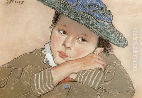 Girl in a Blue Hat Oil Painting by Stanislaw Wyspianski