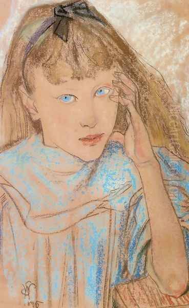 Girl With Blue Eyes Oil Painting by Stanislaw Wyspianski