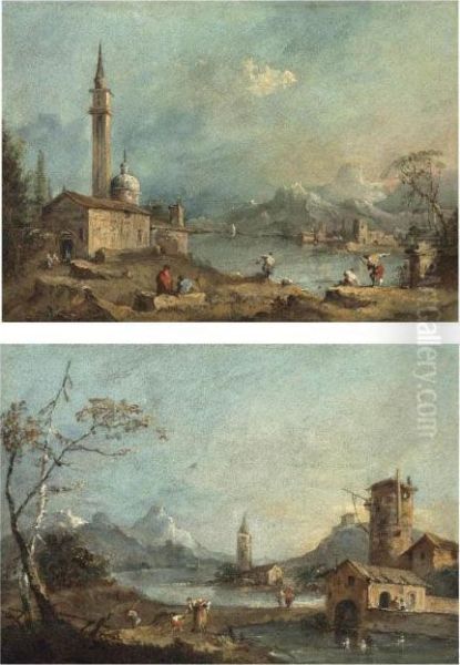 A Capriccio With A Church By A Lake And Figures Fishing On The Shore Oil Painting by Francesco Guardi