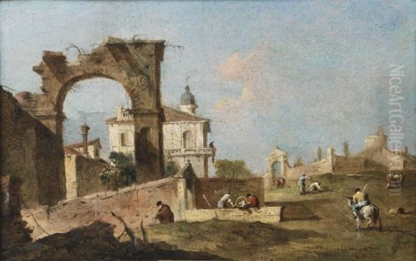 A Capriccio Of A Ruined Archway, A Villa And A Church, With A Horseman In The Foreground Oil Painting by Francesco Guardi