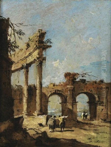 A Capriccio Of A Ruined 
Corinthian Colonnade And A Double-arched Gateway With Gentlemen 
Conversing In The Foreground Oil Painting by Francesco Guardi