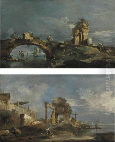 A Capriccio With A Bridge, Ruins And The Lagoon Oil Painting by Francesco Guardi