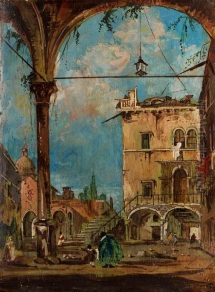 Venezianische Hauseransicht Mit Durchblick Auf Eine Loggia, Mit Figurenstaffage Oil Painting by Francesco Guardi