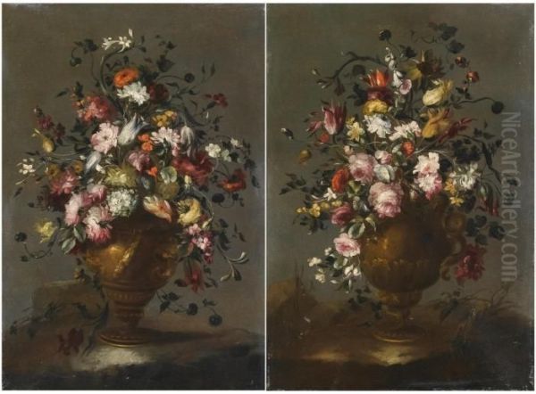 Two Still Lifes With Roses, 
Tulips, Viburnums, Sunflower, Poppies And Other Flowers In A Vase Oil Painting by Francesco Guardi