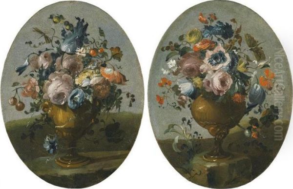 A Pair Of Still Lifes Of Roses, 
Anemones, Tulips And Other Flowers In Bronze Urns, Resting Upon Stone 
Ledges Oil Painting by Francesco Guardi