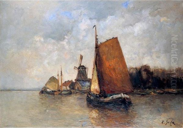 Fischerboot Vor Hollandischer Uferlandschaft Oil Painting by Rudolf Guba