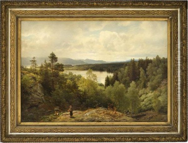 Asterud Pond, View Of Ringerike Oil Painting by Hans Fredrik Gude