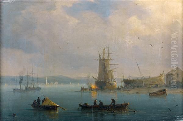 Barques De Pecheurs Devant Un Chantier Naval Oil Painting by Herminie Gudin