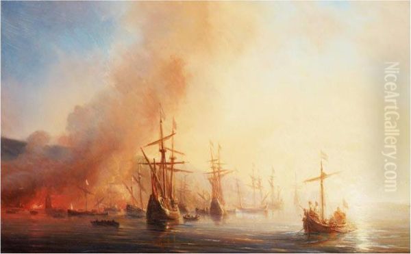 Fire By The Coast Oil Painting by Theodore Gudin