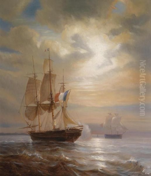 Sailing Ships At Dusk Oil Painting by Theodore Gudin