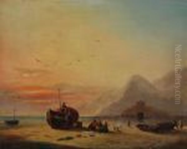 Strandgezicht Bij Ondergaande Zon Met Personages Bij Sloepen Oil Painting by Theodore Gudin