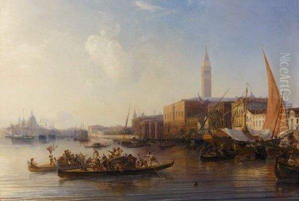 Vue De Venise, Le Depart Pour La Fete Du Lido Oil Painting by Theodore Gudin