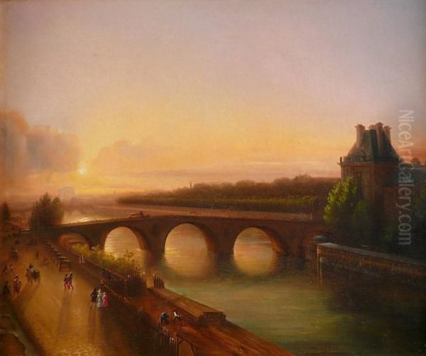 Vue Du Pont Royal A Paris. Oil Painting by Theodore Gudin