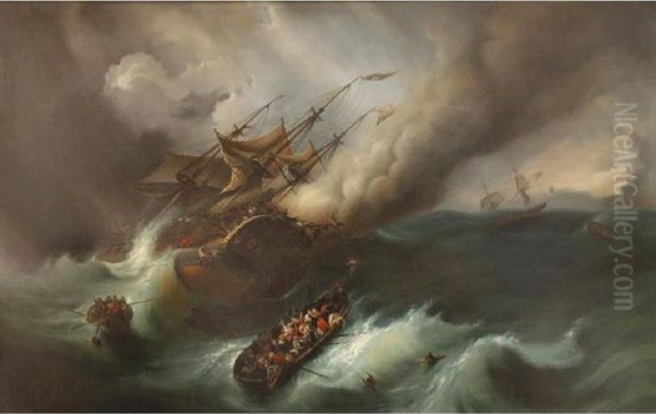 The Indiaman, Kent, On Fire In The Bay Of Biscay Oil Painting by Theodore Gudin