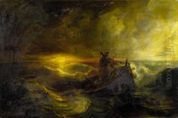 Bateau De Peche Sur Une Mer Agitee Au Soleil Oil Painting by Theodore Gudin