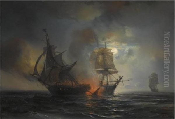 Sea Battle By Night Oil Painting by Theodore Gudin