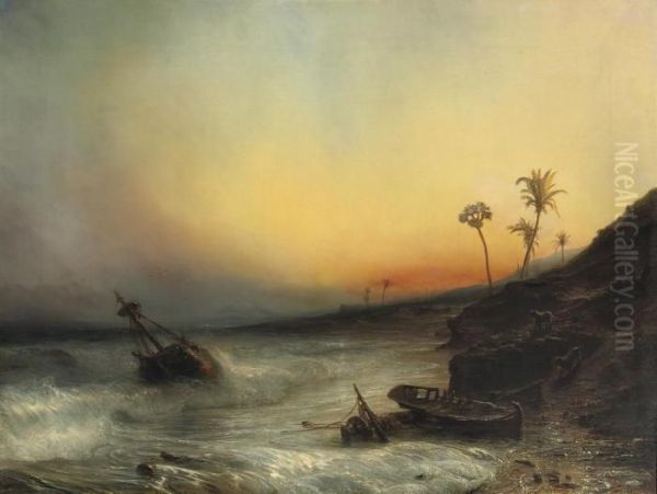 Prowling Along A Tropical Coast At Sunset Oil Painting by Theodore Gudin