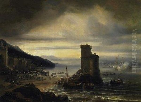 Battle Scenery. Docking Marines 
Storming A Fort On The Coast. Signed Lower Left: Th. Gudin Oil Painting by Theodore Gudin