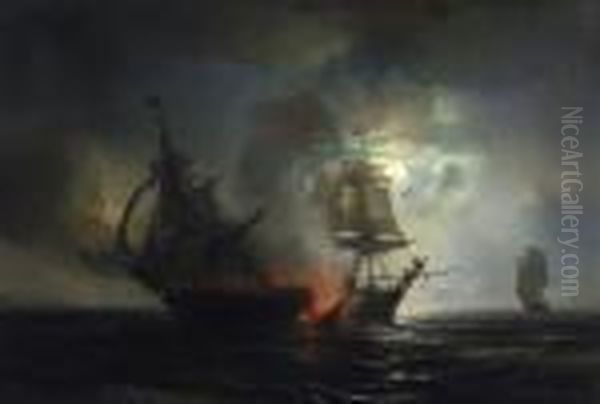 Dramatic Seabattle In The Full Moon Oil Painting by Theodore Gudin