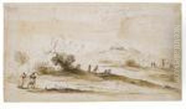 Travellers Walking And Resting In A Landscape, A Tower In The Distance Oil Painting by Guercino