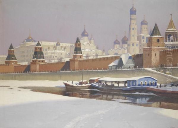 The Kremlin Under Snow Oil Painting by Mikhail Markianovitch Guermatcheff