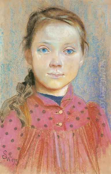 Portrait of a Girl in a Red Dress I Oil Painting by Stanislaw Wyspianski