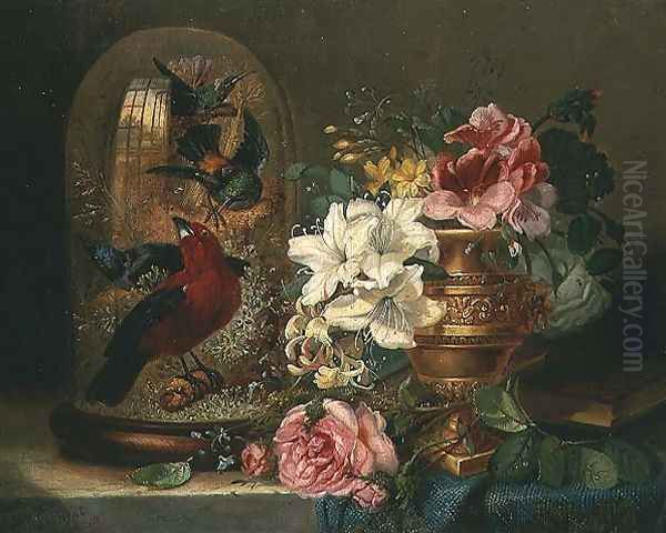 Still Life with Flowers and Birds Oil Painting by William John Wainwright