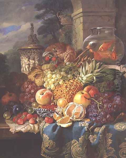 Still life of fruit on a ledge with a goldfish bowl, 1876 Oil Painting by William John Wainwright