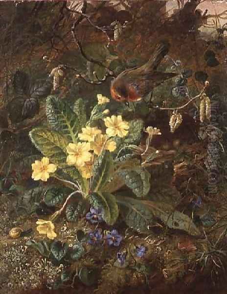 Primrose and Robin Oil Painting by William John Wainwright